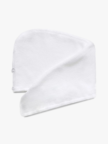 Cozy Earth Luxe Hair Towel in branded component on a light gray background